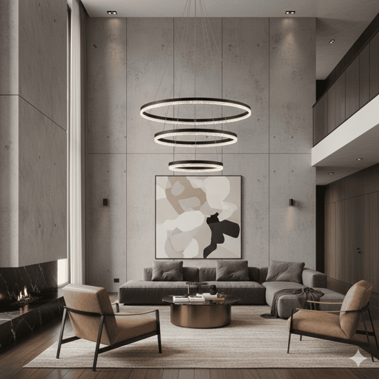 Lampadario per salotto anelli neri led 3000k dimmerabile cristalli