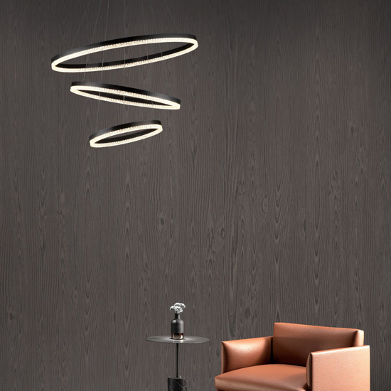 Lampadario per salotto anelli neri led 3000k dimmerabile cristalli