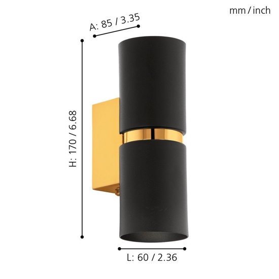 Eglo passa applique lampada da parete cilindro nero oro