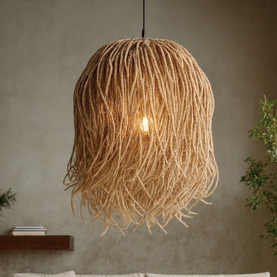 Lampadario cugino itt per soggiorno in rattan e alga marina