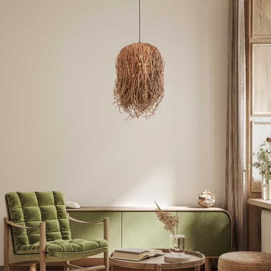 Lampadario cugino itt per soggiorno in rattan e alga marina