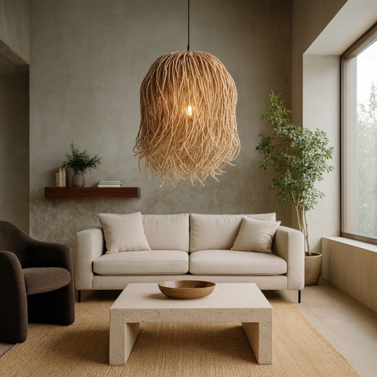 Lampadario cugino itt per soggiorno in rattan e alga marina
