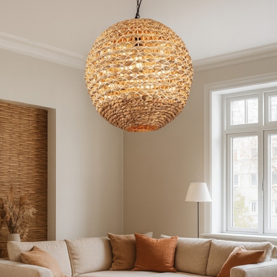 Lampadario sfera in rattan e giacinto essiccato per soggiorno