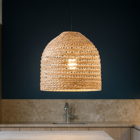 Lampadario da cucina rustica campana di rattan e giacinto legno essiccato