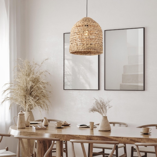 Lampadario da cucina rustica campana di rattan e giacinto legno essiccato