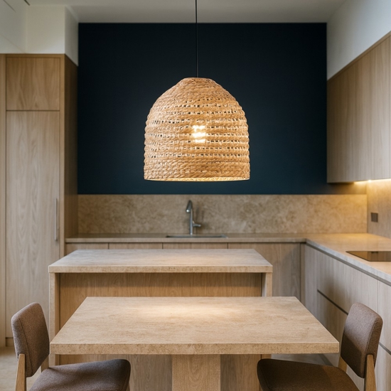 Lampadario da cucina rustica campana di rattan e giacinto legno essiccato