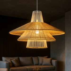 Lampadario in rattan naturale e corda arancione