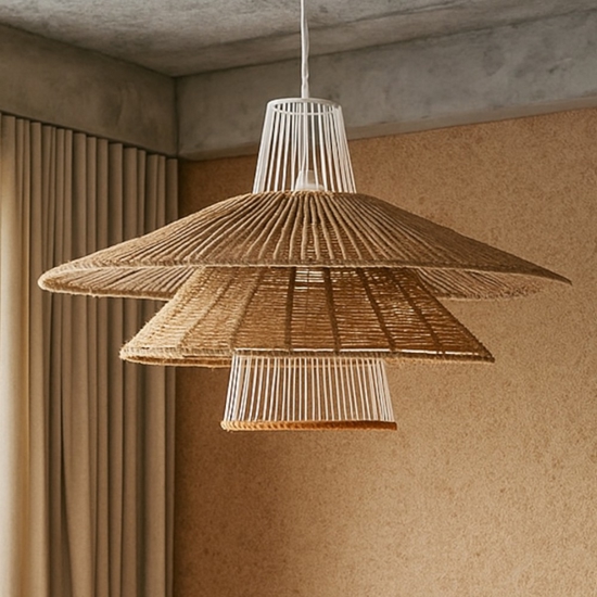Lampadario in rattan naturale e corda arancione