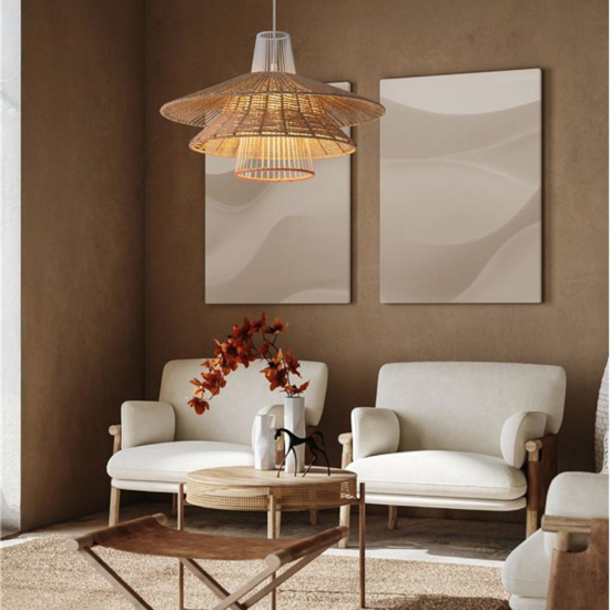 Lampadario in rattan naturale e corda arancione