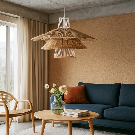 Lampadario in rattan naturale e corda arancione
