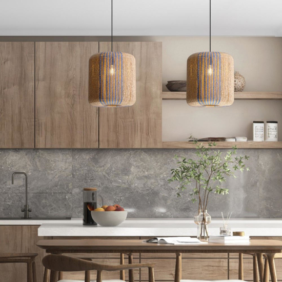 Lampadario in rattan corda naturale blu per cucina