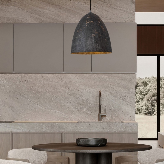 Lampadario cupola 36cm a sospensione nera carta seta di gelso naturale