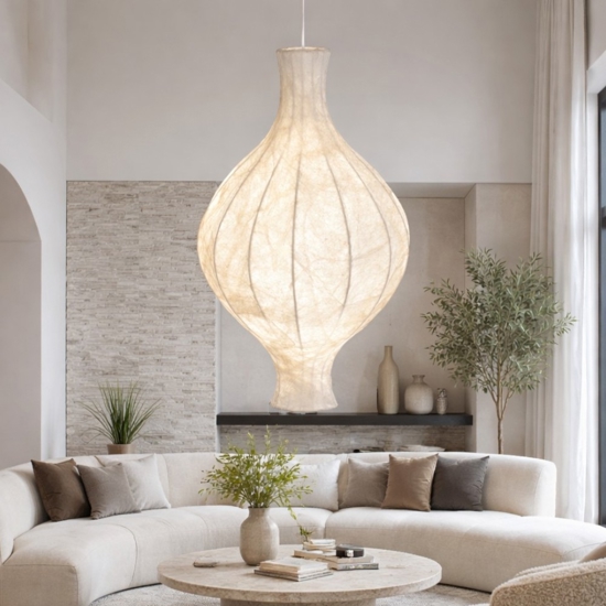 Lampadario a sospensione design in seta di gelso bianco sabbia
