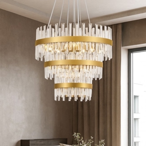 Lampadario anelli oro con cristalli trasparenti stile contemporaneo
