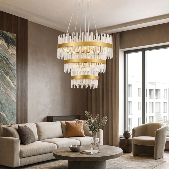Lampadario anelli oro con cristalli trasparenti stile contemporaneo