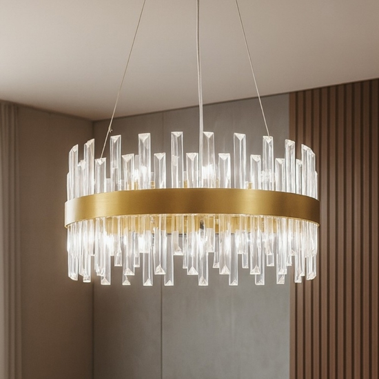 Lampadario di cristallo oro rotondo per soggiorno contemporaneo
