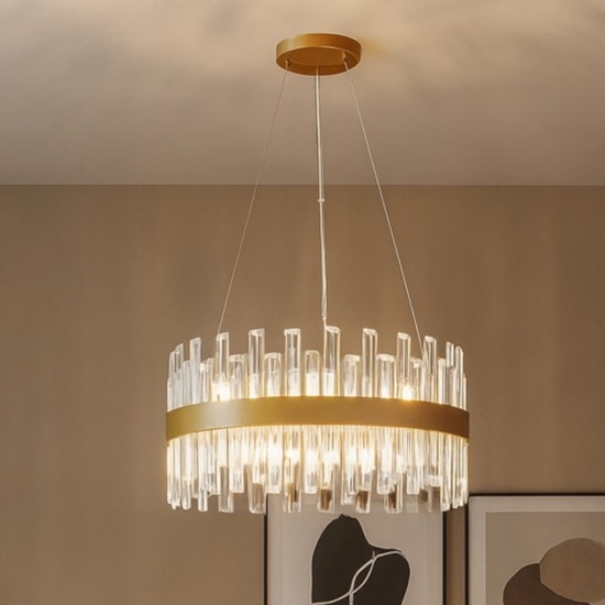 Lampadario di cristallo oro rotondo per soggiorno contemporaneo