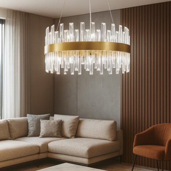 Lampadario di cristallo oro rotondo per soggiorno contemporaneo