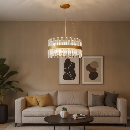 Lampadario di cristallo oro rotondo per soggiorno contemporaneo