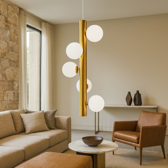 Lampadario verticale design oro sfere vetro bianco