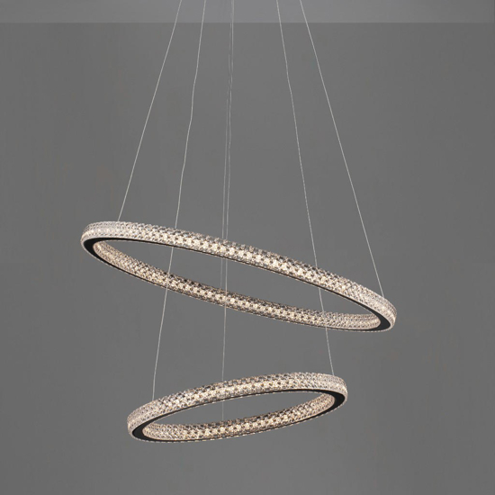 Lampadario elegante nero doppio anello led 54w 3000k cristalli