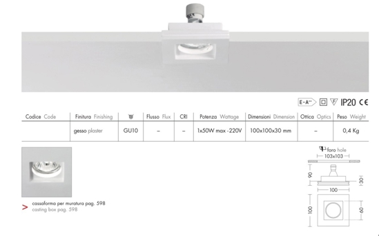 Faretto da incasso a soffitto quadrato di gesso gu10 220v