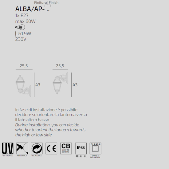 Top light alba applique nera da esterno anti corrosione ip55