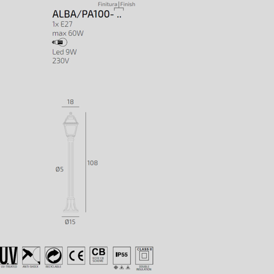 Top light alba lampione nero per giardino moderno 100cm ip55