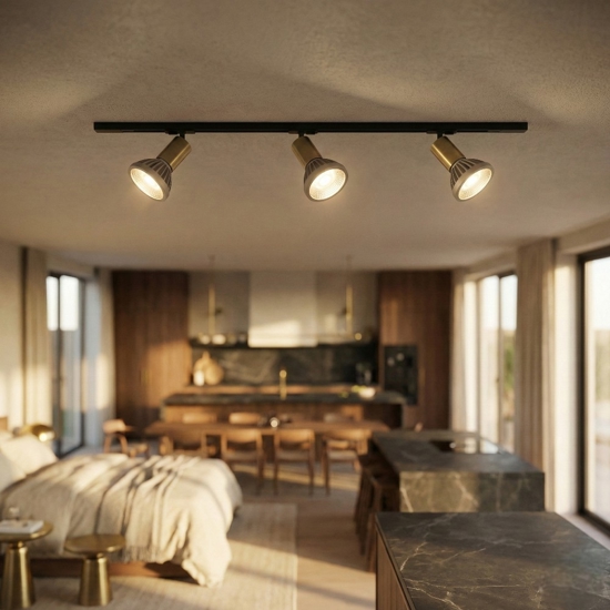 Sistema illuminazione binario 100cm nero oro con 3 spot e27 orientabili