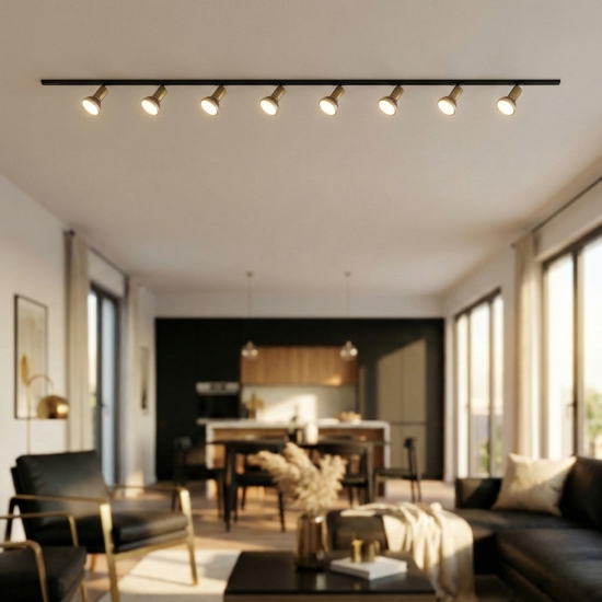 Luci a binario nero oro 300cm con 8 spot e27 orientabili