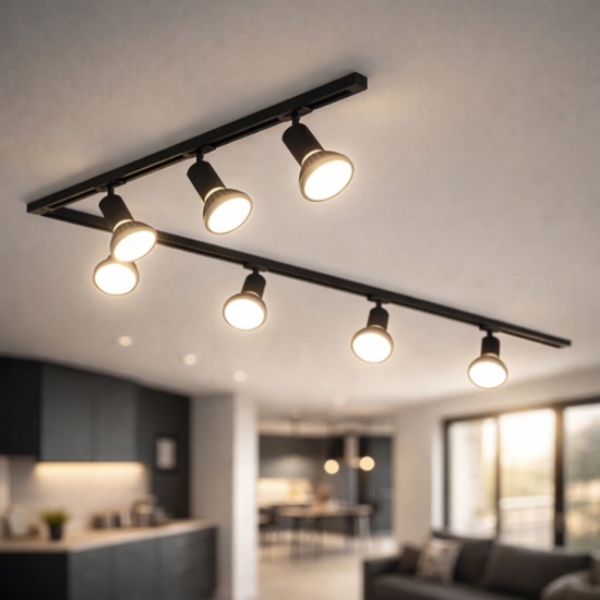 Sistema binario 300cm angolare nero 7 spot orientabili e27 monofase
