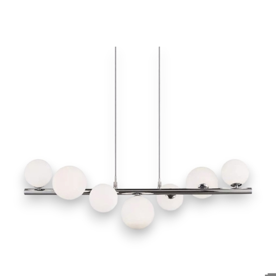 Lampadario design cromato sfere vetro bianco per soggiorno moderno
