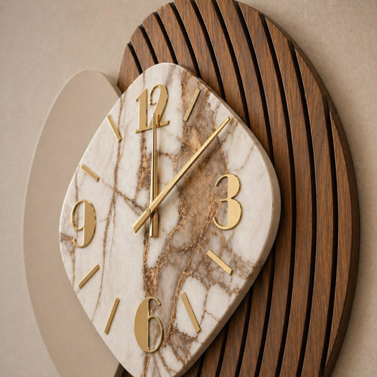 Orologio da parete design particolare effetto marmorizzato beige dettagli foglia oro