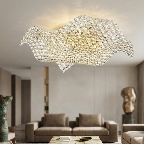 Plafoniera per camera da letto vela di cristalli struttura oro