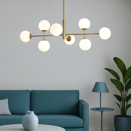 Lampadario oro sfere vetro bianco per soggiorno moderno