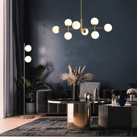 Lampadario oro sfere vetro bianco per soggiorno moderno