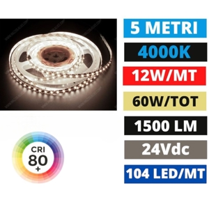 Striscia led 230vac 12w-mt 4000k bobina 5mt ip65 cri80