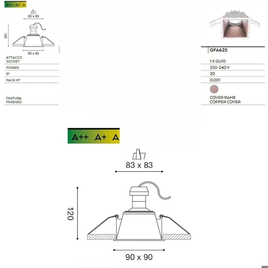 Faretto quadrato ceres incasso controsoffitto gea luce rame
