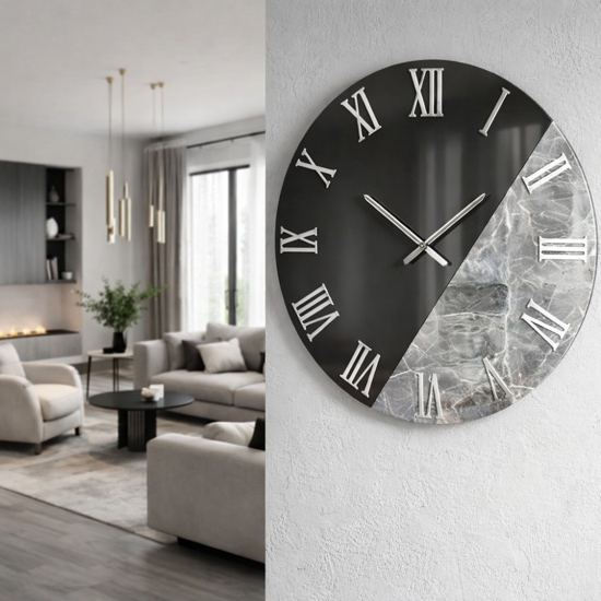 Orologio da parete 80cm specchiato fume effetto marmo grigio scuro