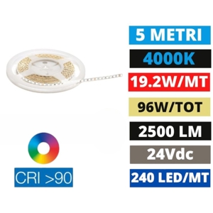 Striscia gea luce bobina 5mt 19,2w-mt 4000k 24v cri90