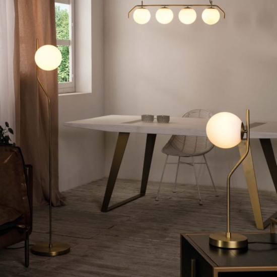Piantana moderna oro ottone sfera vetro bianco