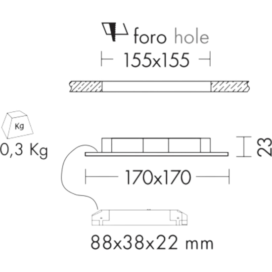 Faretto da incasso led 12w 3000k quadrato bianco per controsoffitto