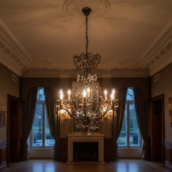 Lampadario mechini ferro battuto swarovski per salone fp