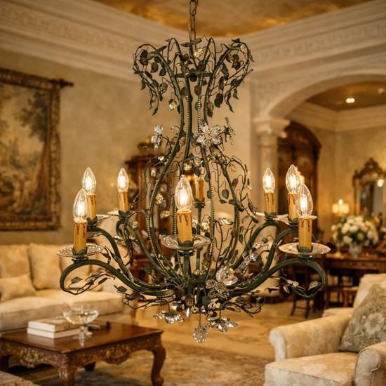 Lampadario mechini ferro battuto swarovski per salone fp