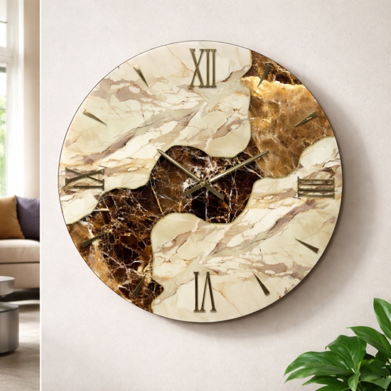 Orologio da parete 60cm rotondo resina marrone oro effetto marmo