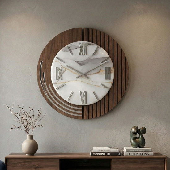 Orologio da parete design moderno resina effetto marmorizzato foglia argento 50cm