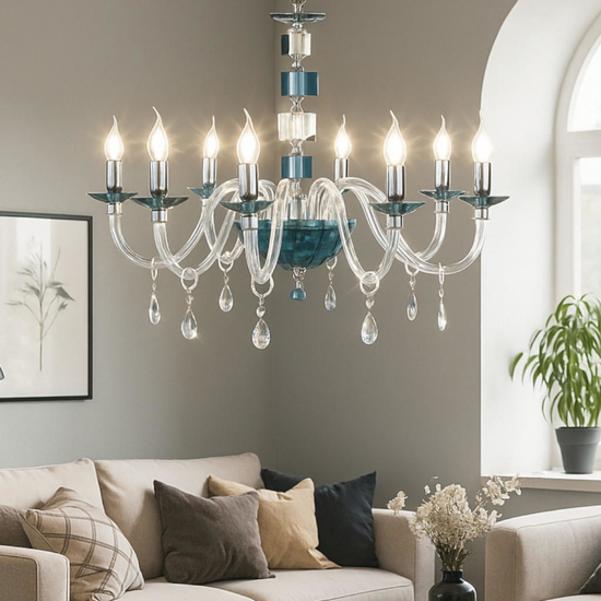 Lampadario classico ondaluce lp livia otto luci vetro ottanio elegante