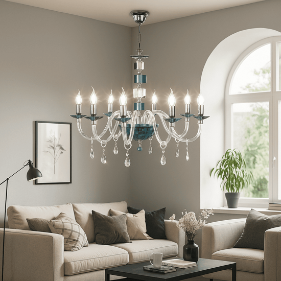 Lampadario classico ondaluce lp livia otto luci vetro ottanio elegante