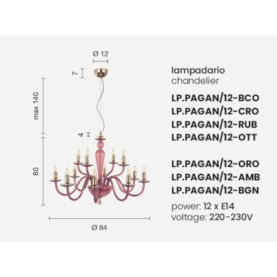 Lp paganini ondaluce lampadario 12 luci rosso rubino