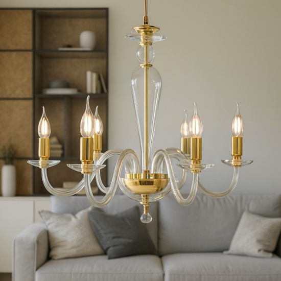 Ondaluce lp paganini lampadario vetro trasparente finiture oro 6 luci